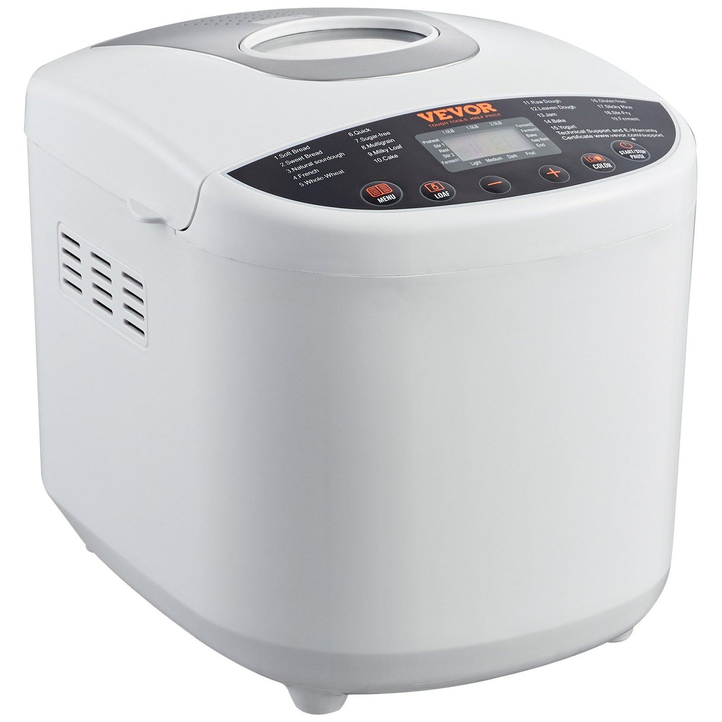 VEVOR Bread Maker, 19-in-1 2LB Dough Machine, Nonstick Ceramic Pan Automatic Breadmaker with Gluten Free Setting, Whole Wheat Bread Making, Digital, Programmable, 3 Loaf Sizes, 3 Crust Colors, White