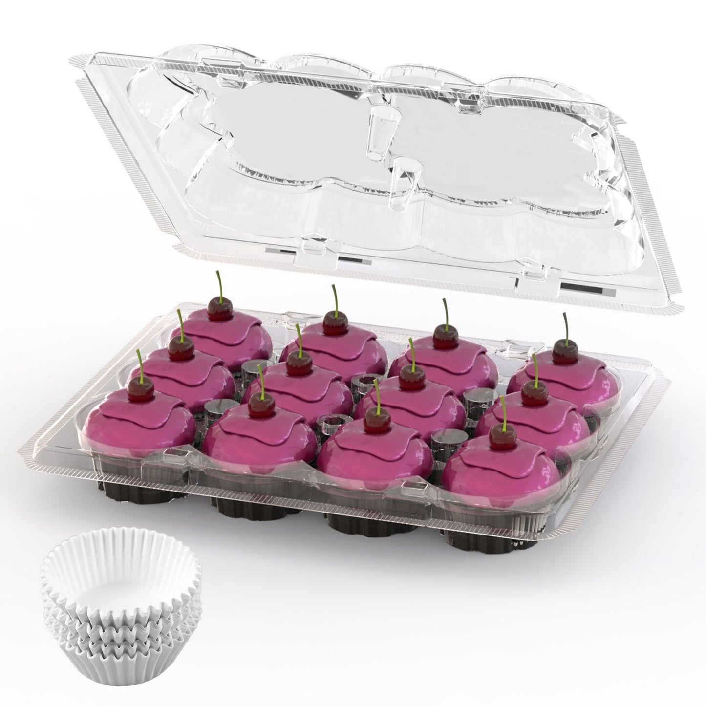 12 Count 20 Sets Clear Cupcake Boxes Disposable Cupcake Containers Stackable Cupcake Carrier Holders with 240 Liners High Dome Lid